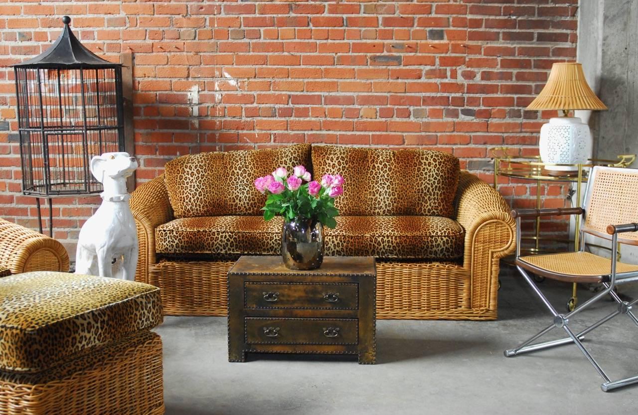 Michael Taylor Inspired Wicker Sofa with Scalamandre Style Leopard Upholstery 1