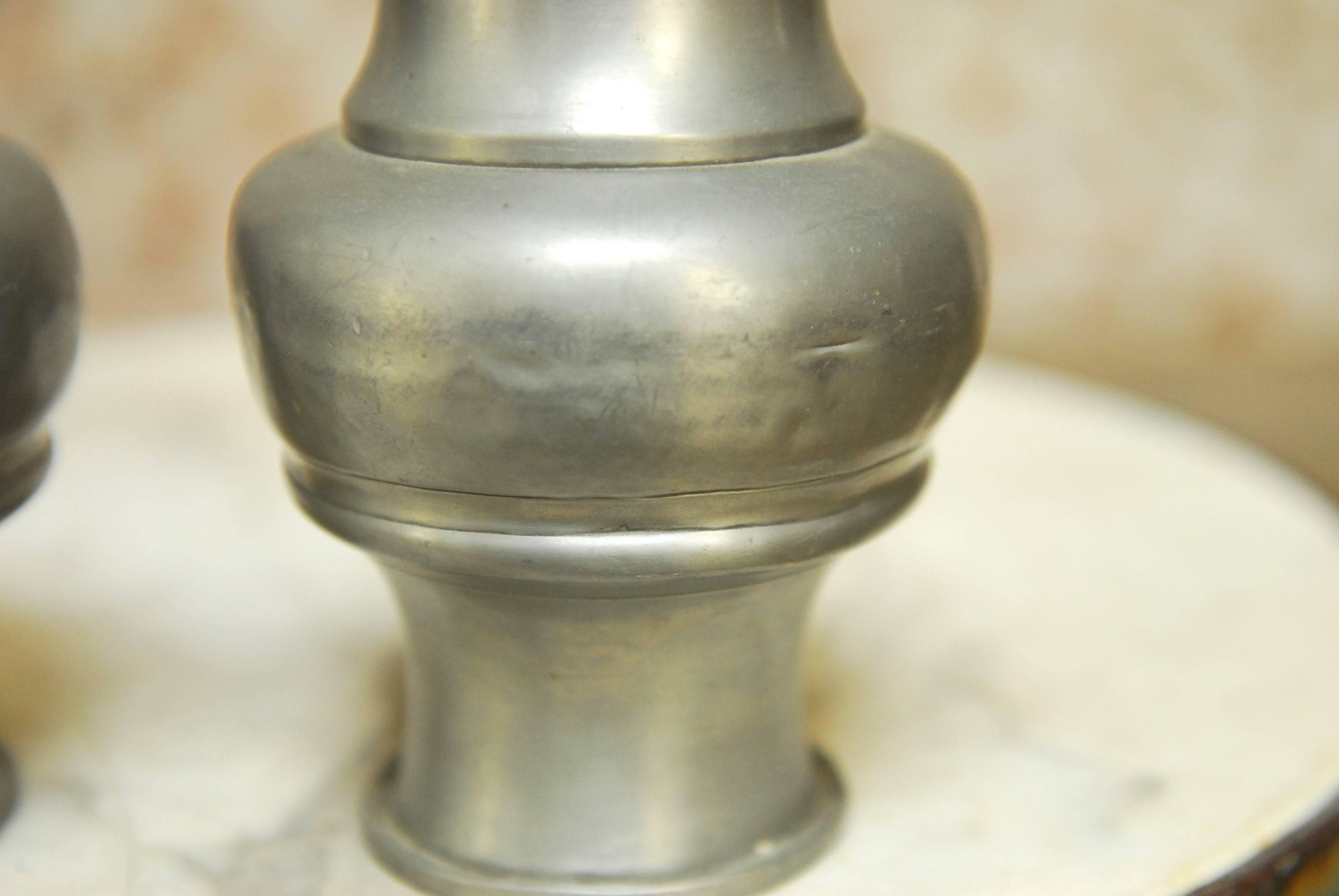 Hand-Crafted Pair of Diminutive Chinese Pewter Lidded Urns For Sale