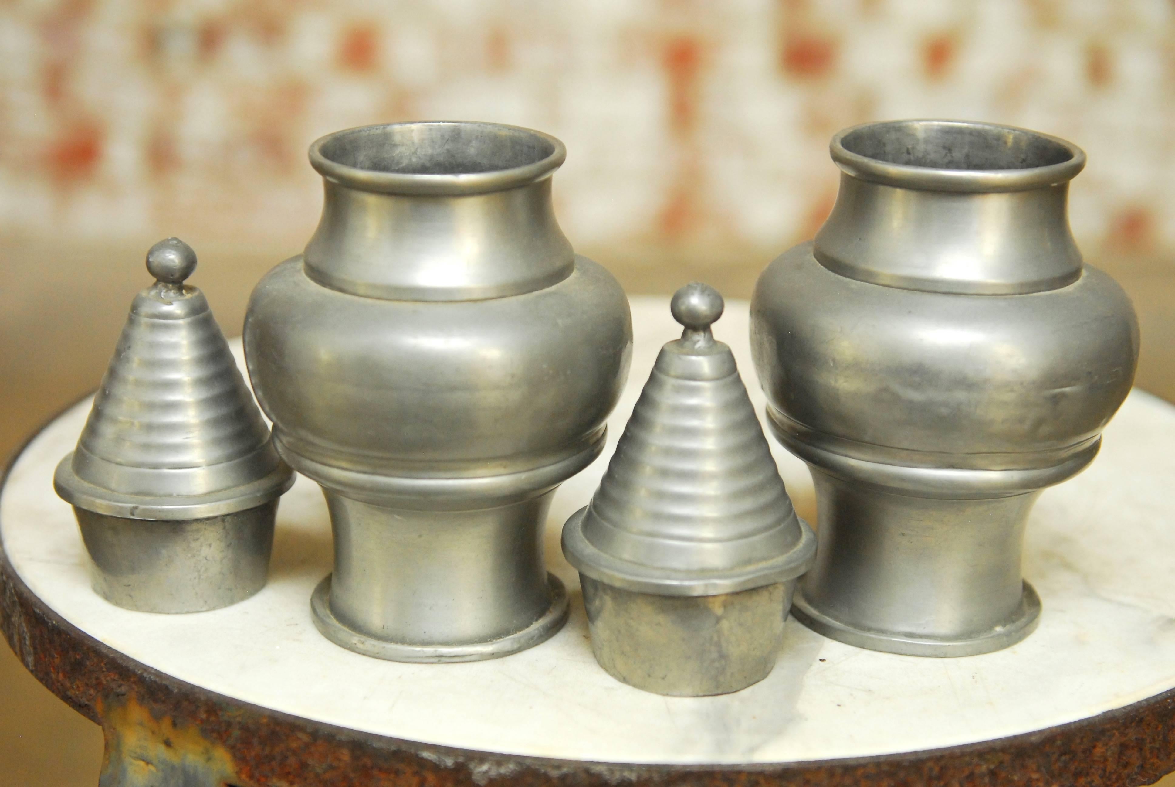 Pair of Diminutive Chinese Pewter Lidded Urns In Good Condition For Sale In Rio Vista, CA