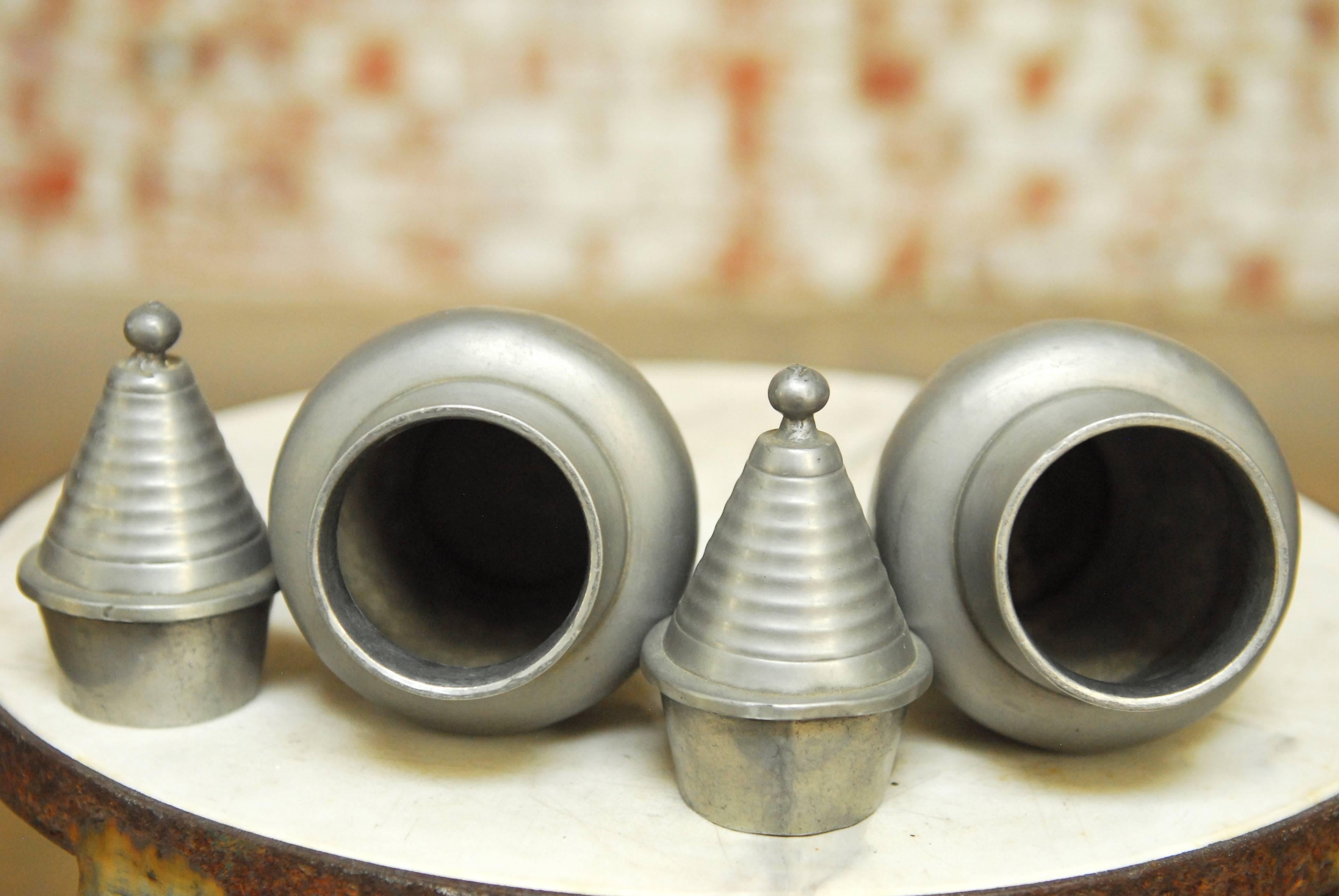 20th Century Pair of Diminutive Chinese Pewter Lidded Urns For Sale