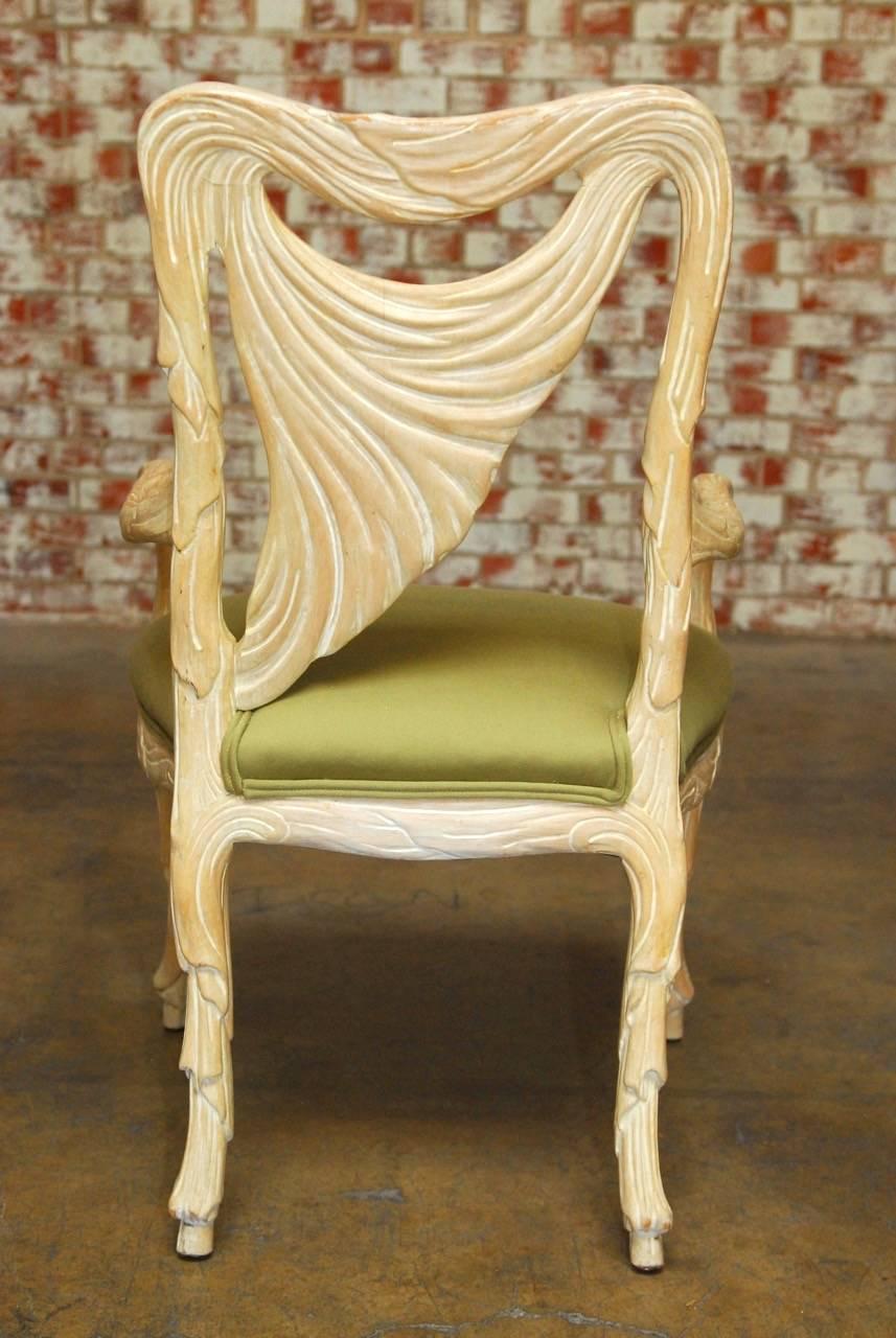 Fabric Pair of Hollywood Regency Carved Swag Back Armchairs