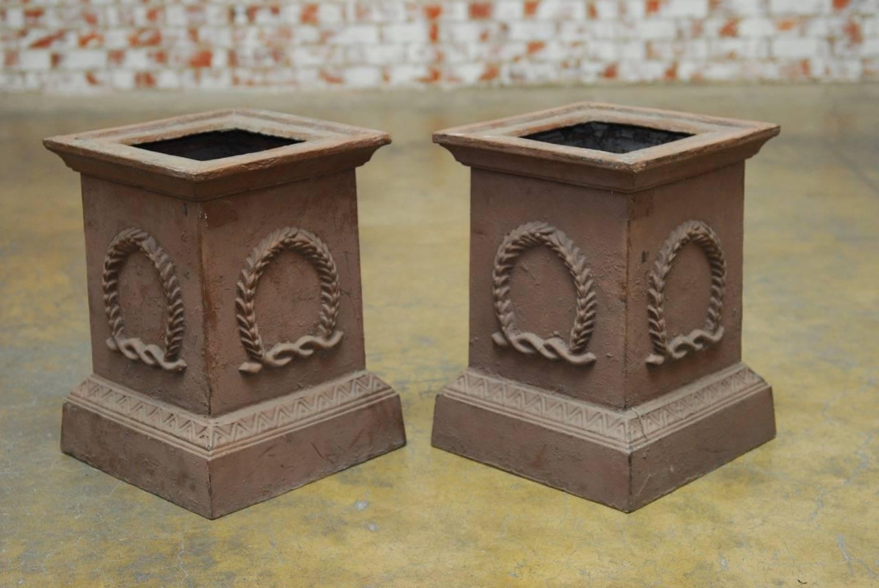 American Pair of Neoclassical Cast Iron Square Pedestals or Urns 