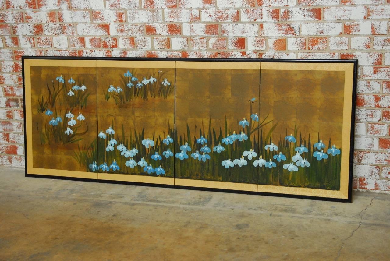 Meiji Japanese Four-Panel Byobu Screen of Irises on Gilt 