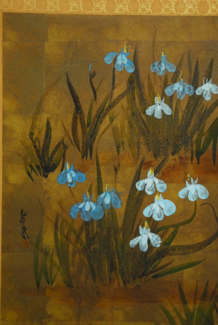 Ebonized Japanese Four-Panel Byobu Screen of Irises on Gilt 