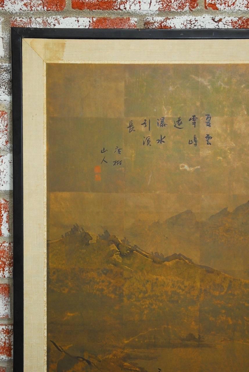 Ebonized Japanese Four-Panel Painted Landscape Byobu Screen 