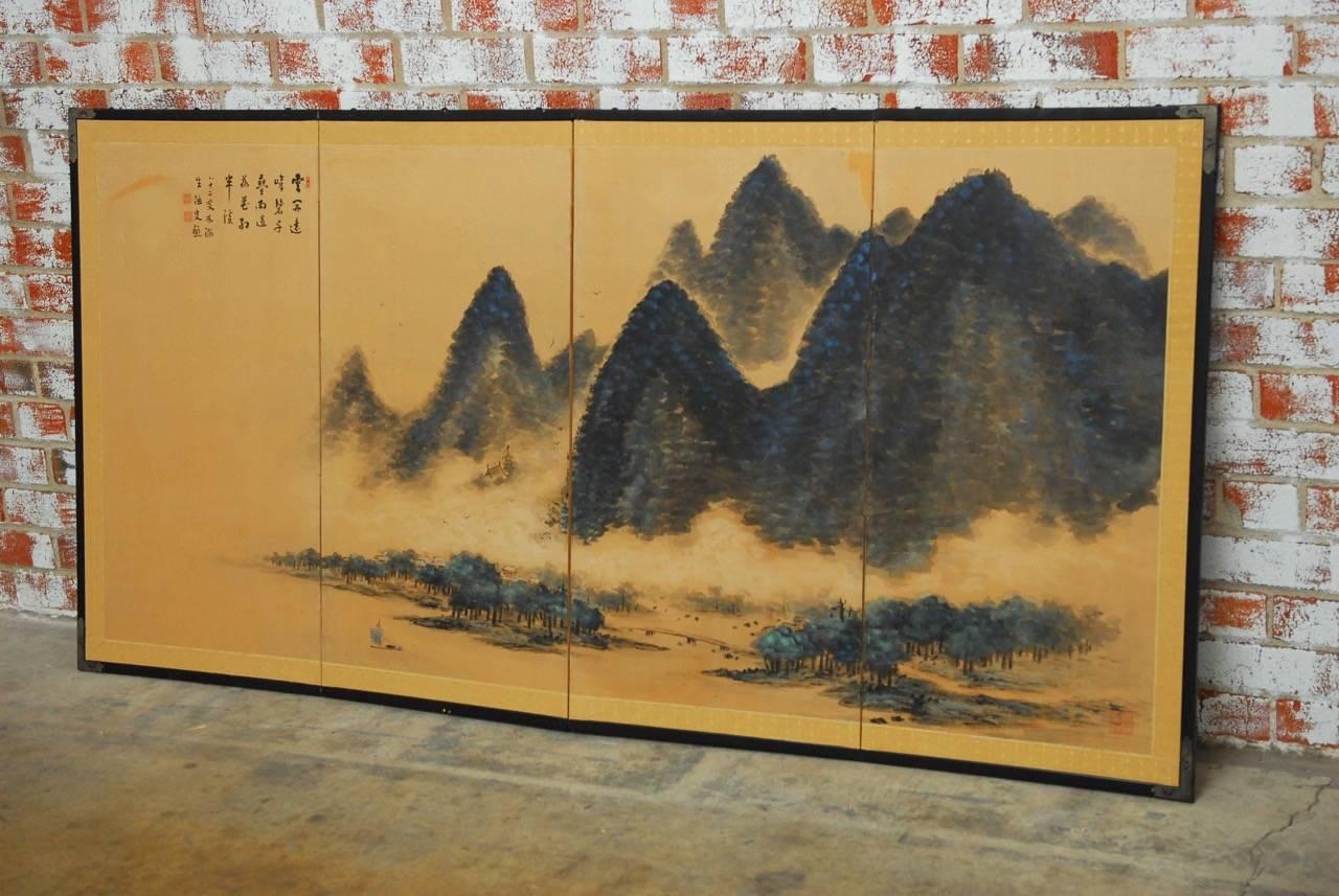Meiji Japanese Four-Panel Blue Mountain Landscape Byobu Screen 