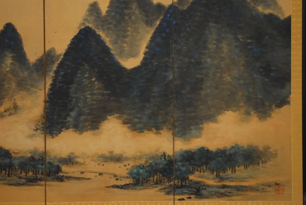 Japanese Four-Panel Blue Mountain Landscape Byobu Screen  In Good Condition In Rio Vista, CA