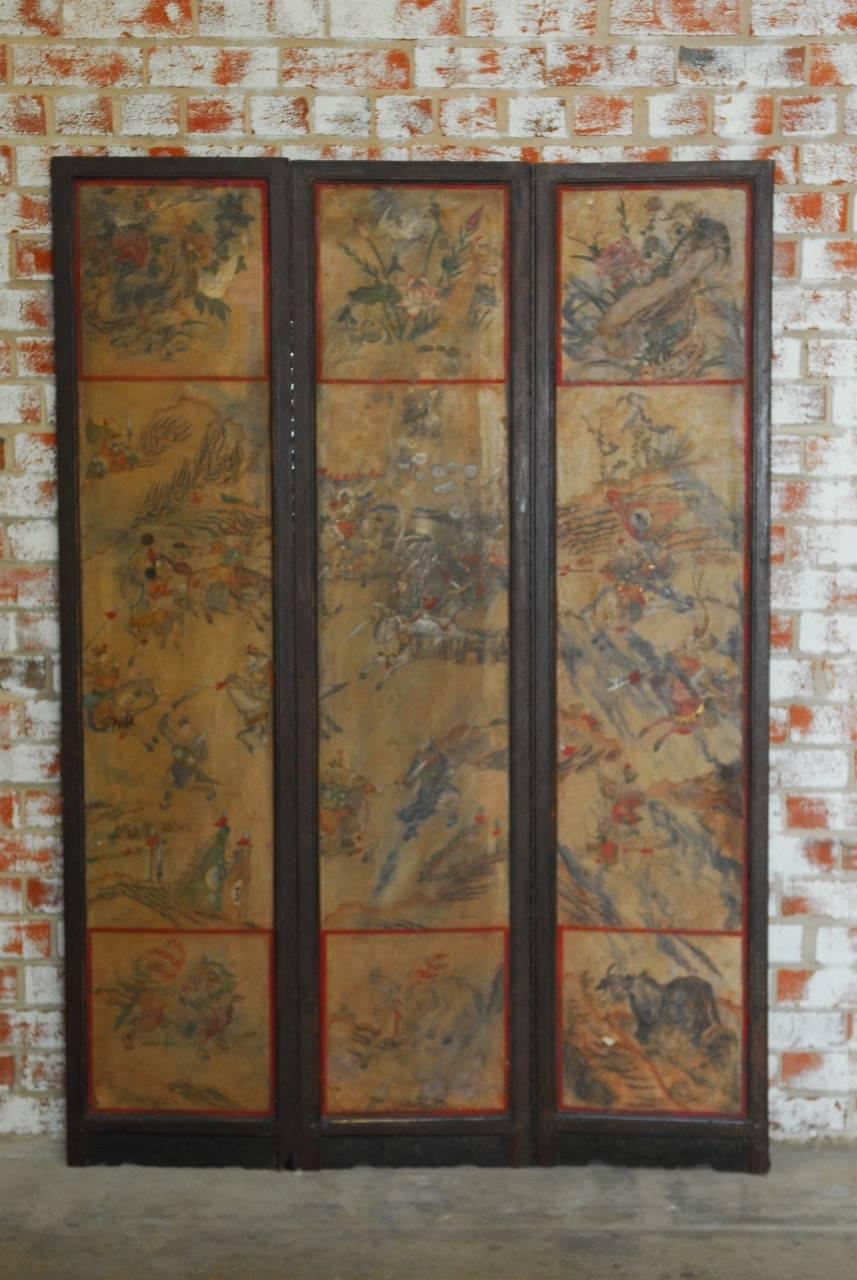 Ebonized Chinese Qing Dynasty Three-Panel Scroll Lacquered Screen