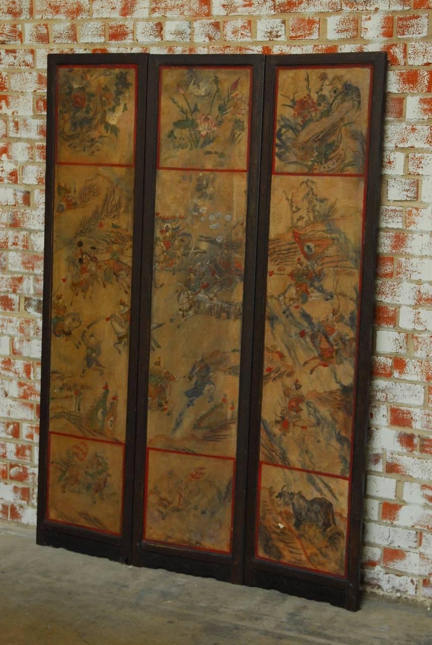 19th Century Chinese Qing Dynasty Three-Panel Scroll Lacquered Screen