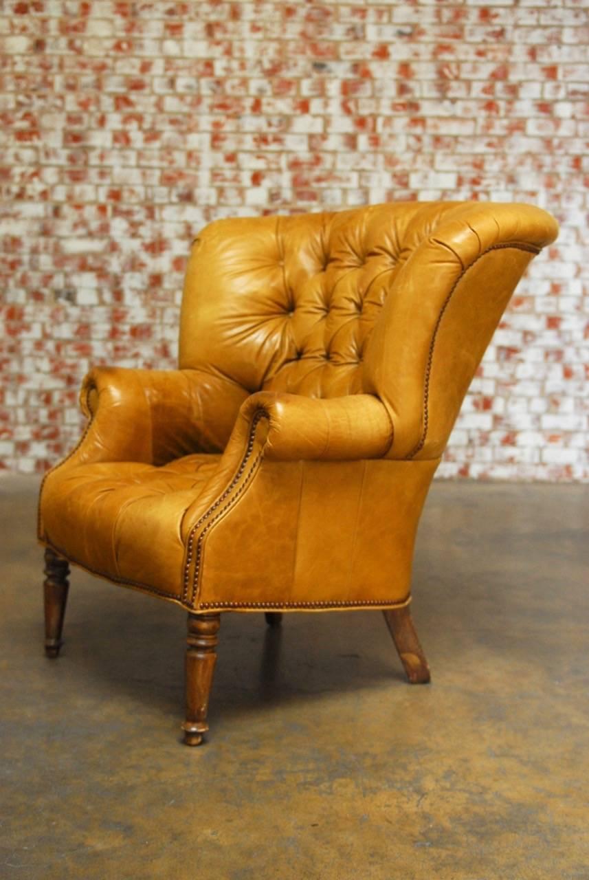 Georgian English Tufted Leather Chesterfield Library Chair or Wingback In Distressed Condition In Rio Vista, CA
