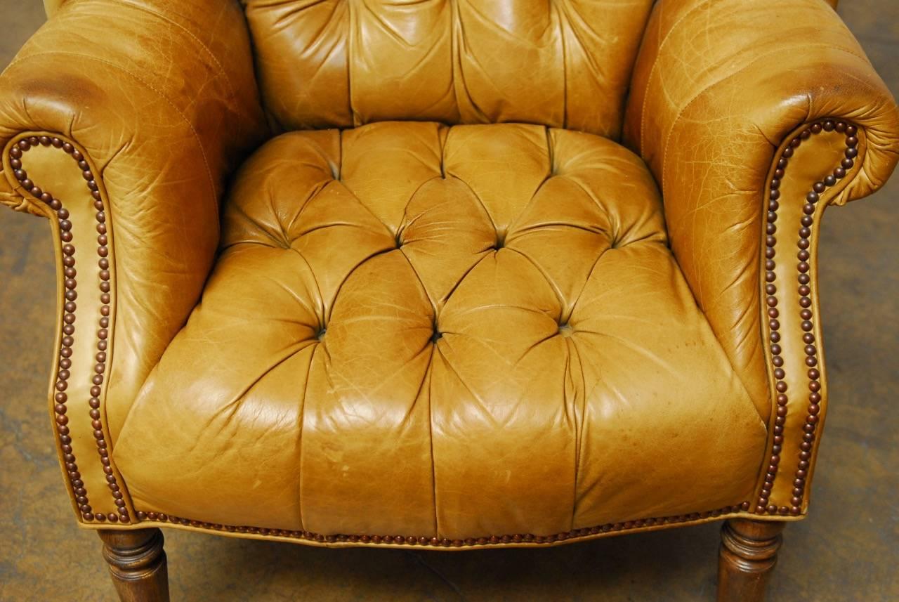 Brass Georgian English Tufted Leather Chesterfield Library Chair or Wingback