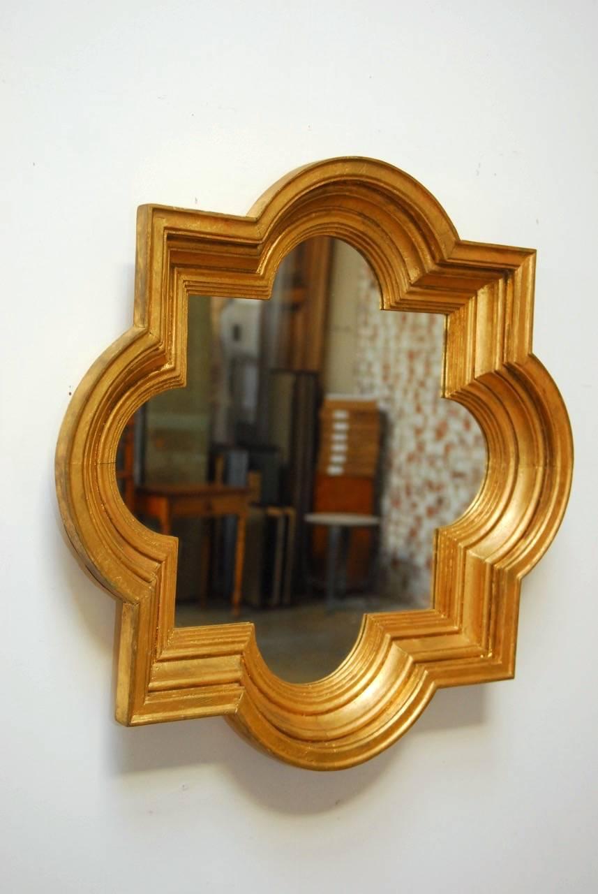 Hollywood Regency Midcentury Italian Carved Gold-Leaf Quatrefoil Mirror