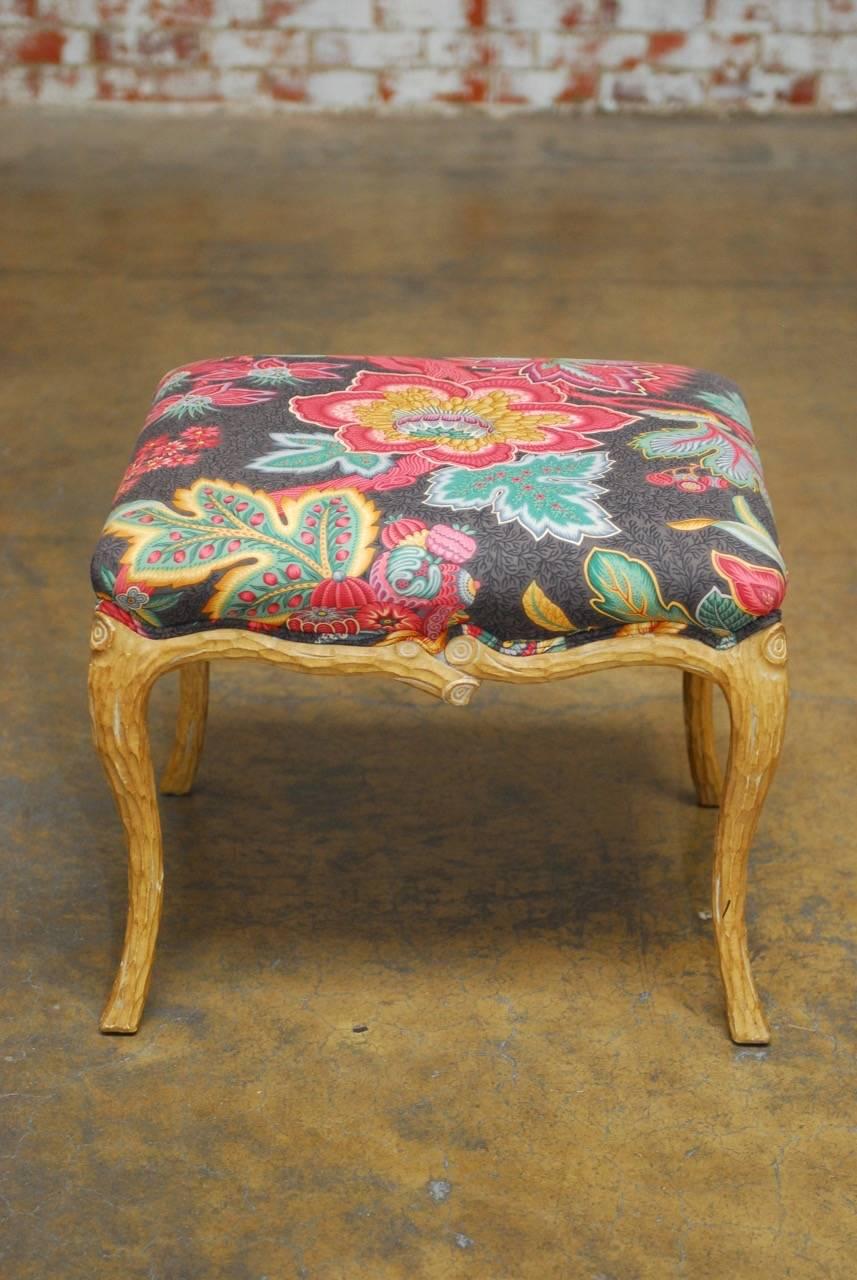 Hand-Carved Midcentury Faux Bois Ottoman Stool with Schumacher Print