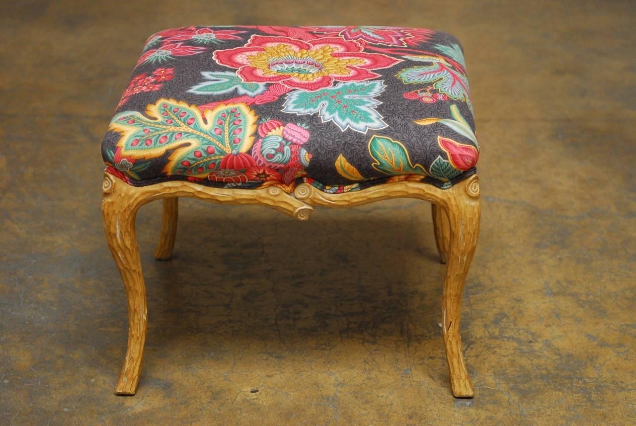American Midcentury Faux Bois Ottoman Stool with Schumacher Print