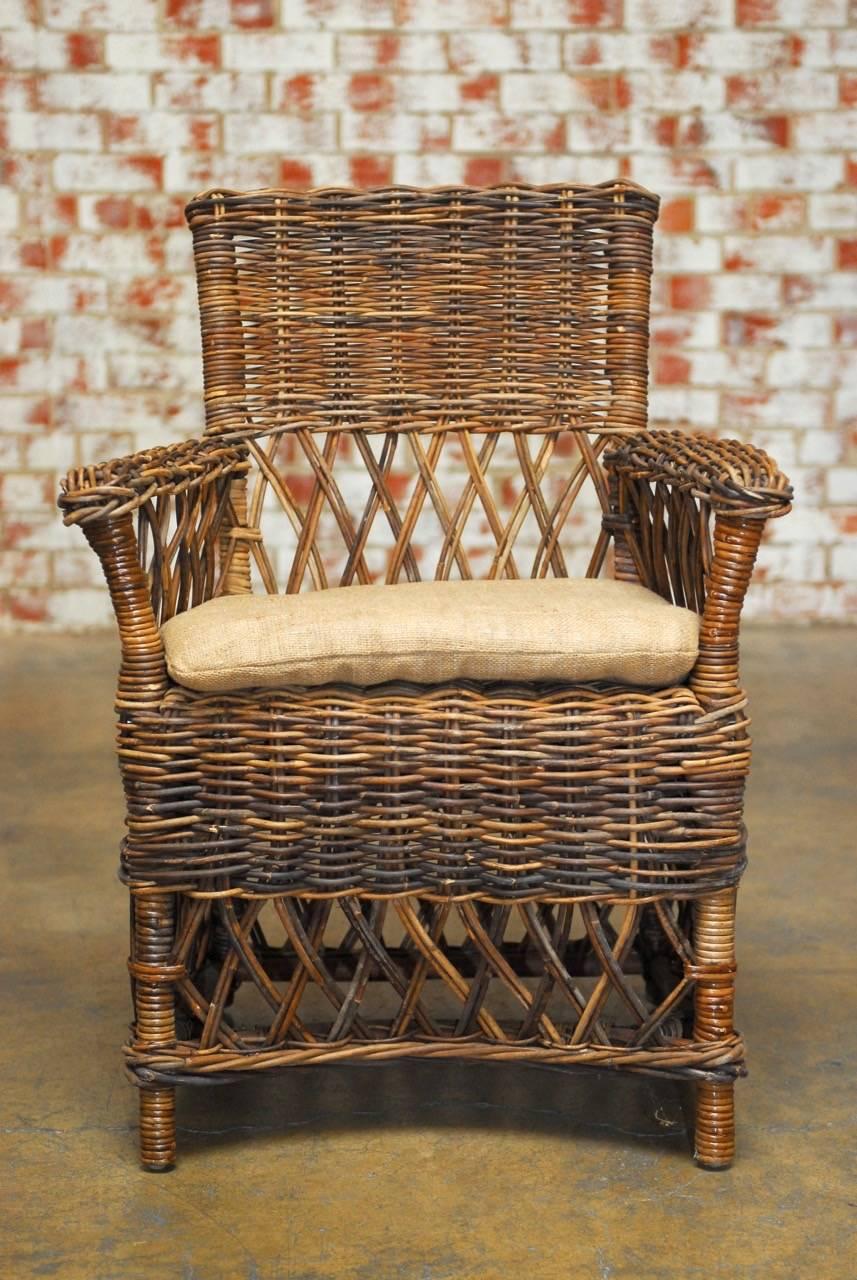 Asian Pair of Organic Style Woven Stick Wicker Armchairs