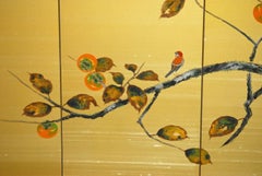 Japanese Four-Panel Persimmon Branch Folding Screen