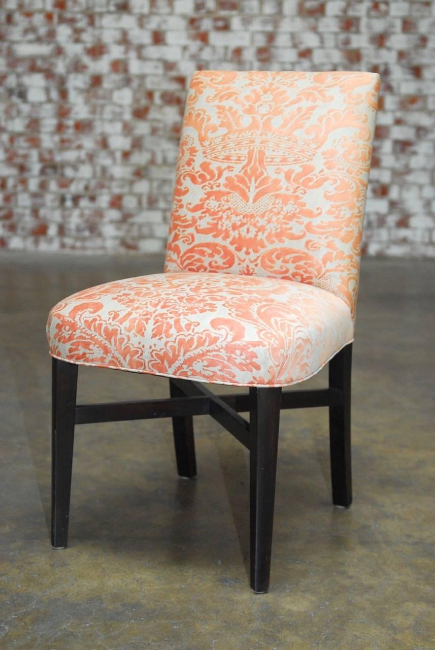 Gorgeous set of eight upholstered dining chairs featuring a beautiful Fortuny fabric in the 