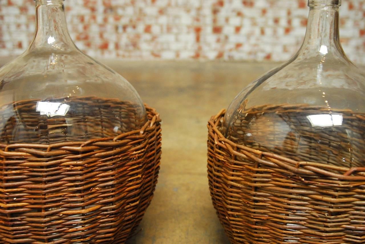 Rustic Pair of Woven Willow Demijohn Glass Wine Bottles 