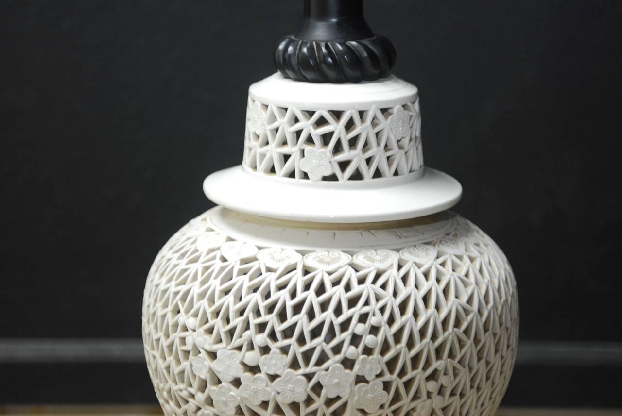 Hollywood Regency Large Midcentury Blanc De Chine Porcelain Jar Table Lamp For Sale