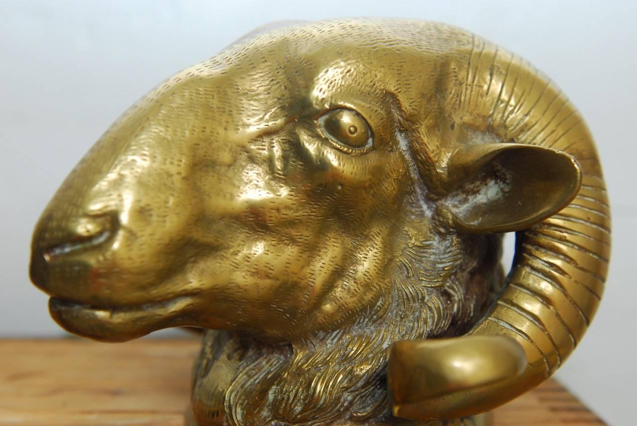Hand-Crafted Pair of Patinated Brass Rams Head Sculptures