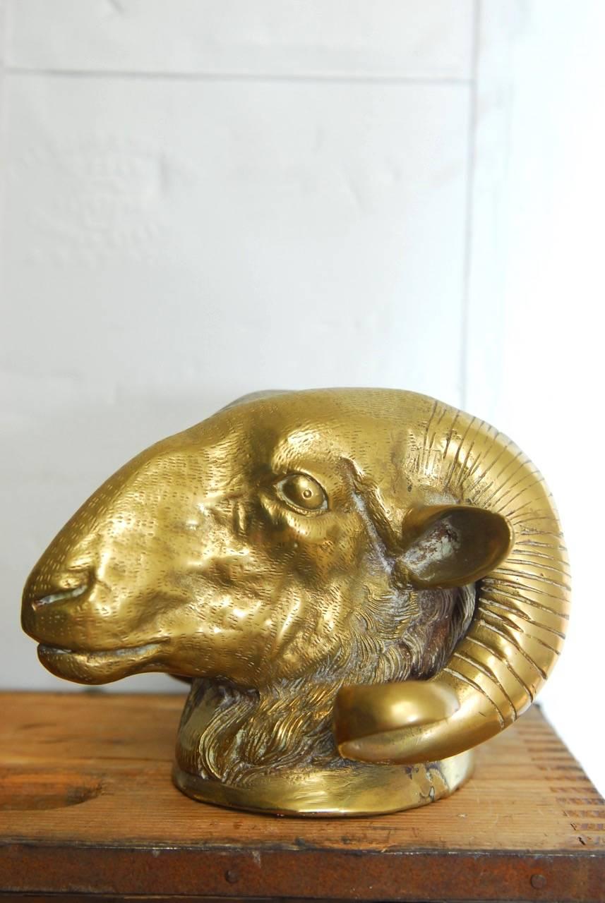 Italian Pair of Patinated Brass Rams Head Sculptures