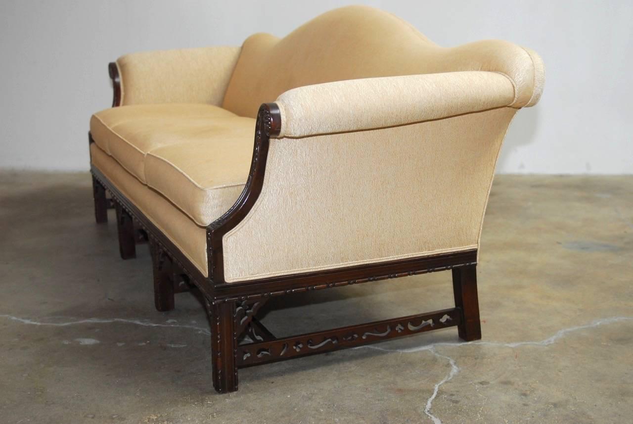 Chinese Chippendale Style Carved Mahogany Camelback Sofa In Good Condition In Rio Vista, CA