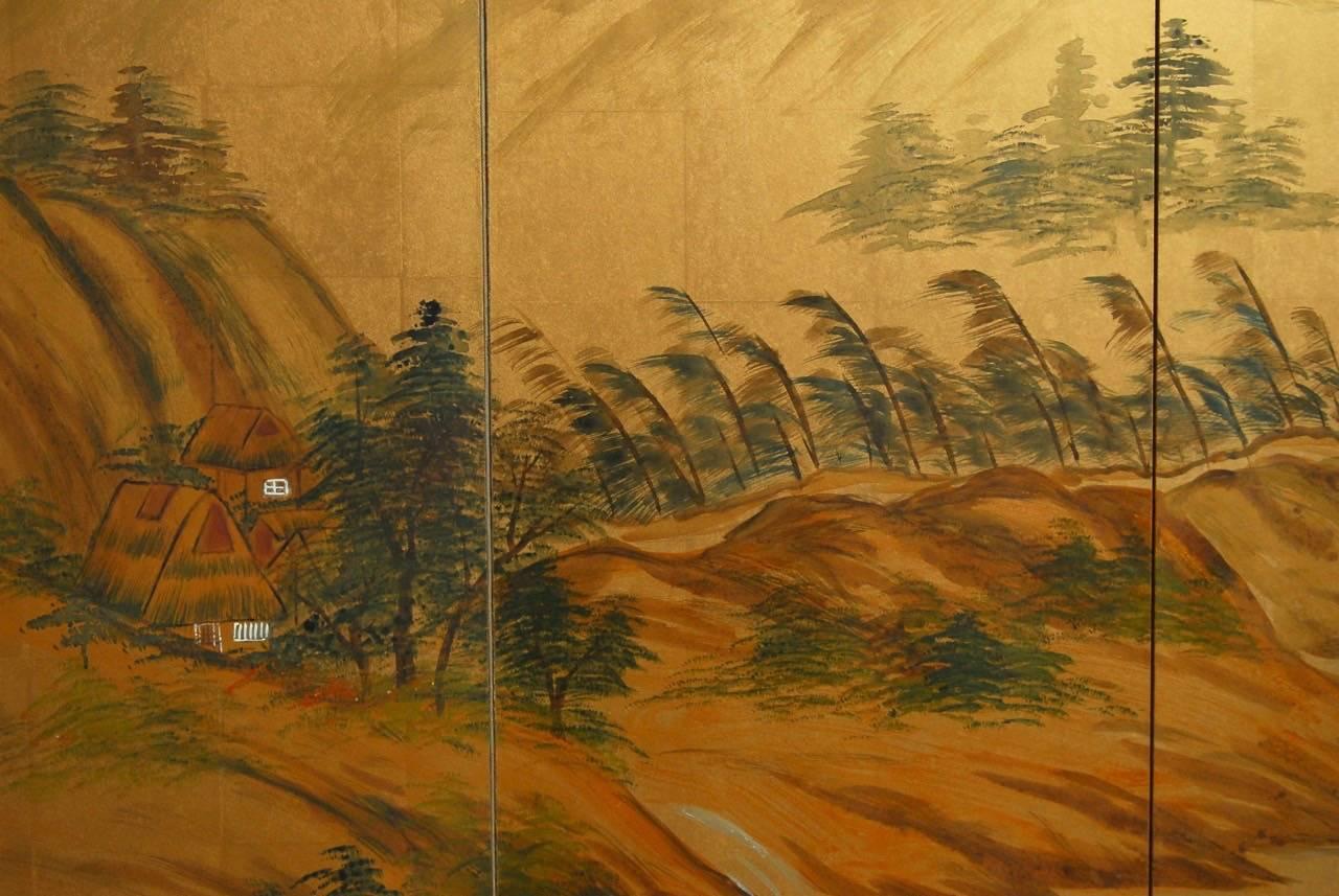 Ebonized Japanese Four-Panel Screen of Tree Landscape on Gilt