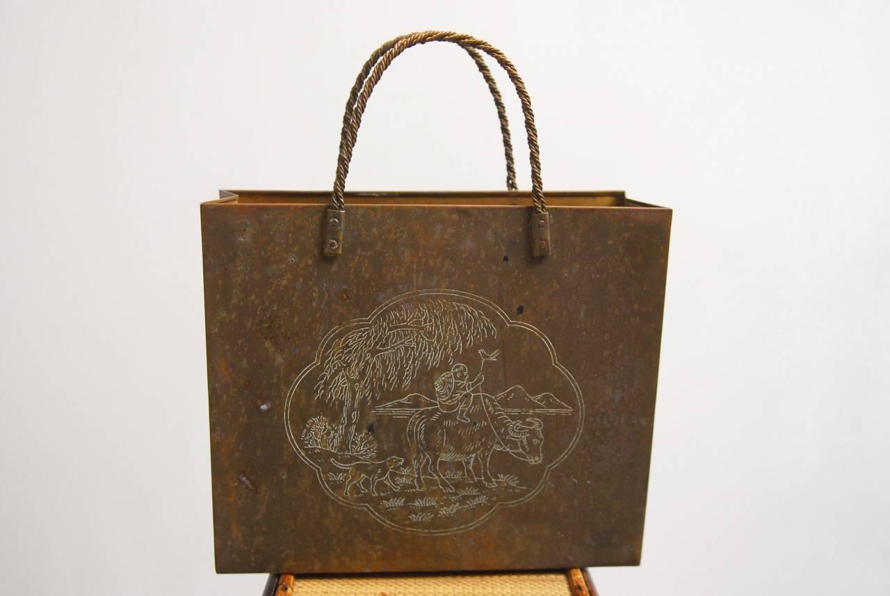 Italian Etched Brass Shopping Bag or Wastebasket 1