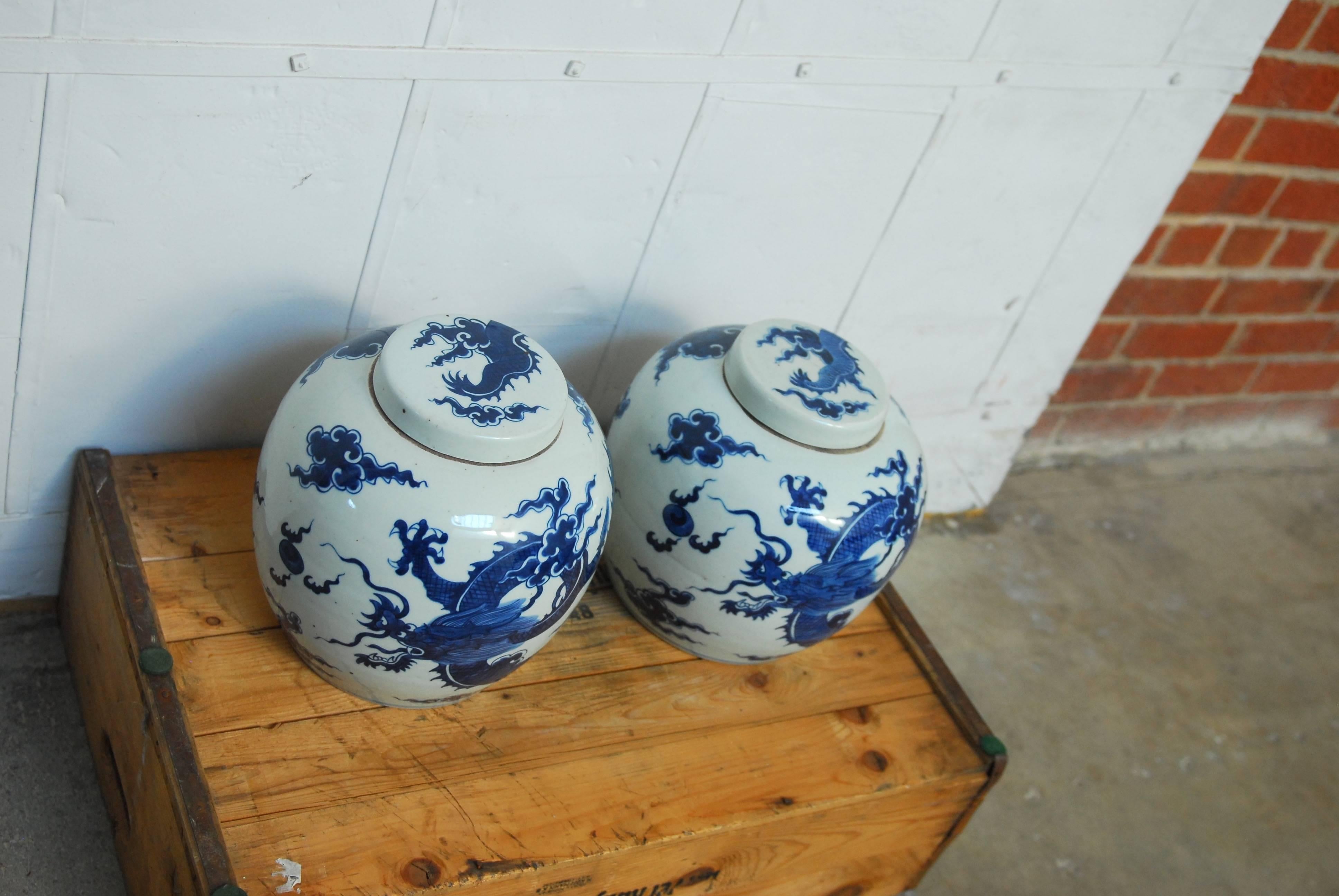 Hand-Crafted Pair of Chinese Blue and White Porcelain Ginger Jars