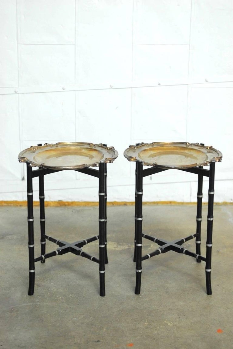 Regency English Silver Plate Tray Tables on Faux Bamboo Stands For Sale