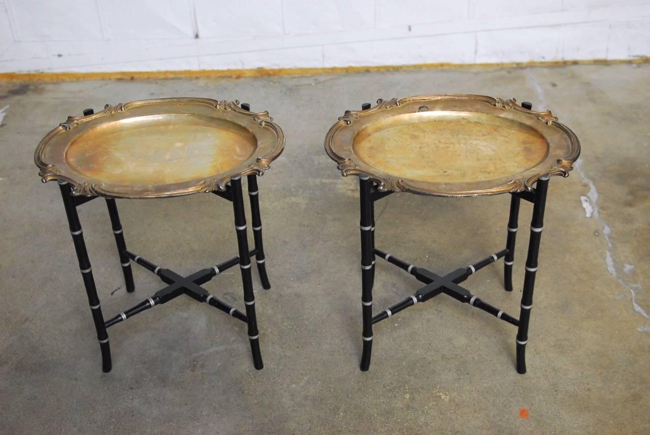 Ebonized English Silver Plate Tray Tables on Faux Bamboo Stands For Sale