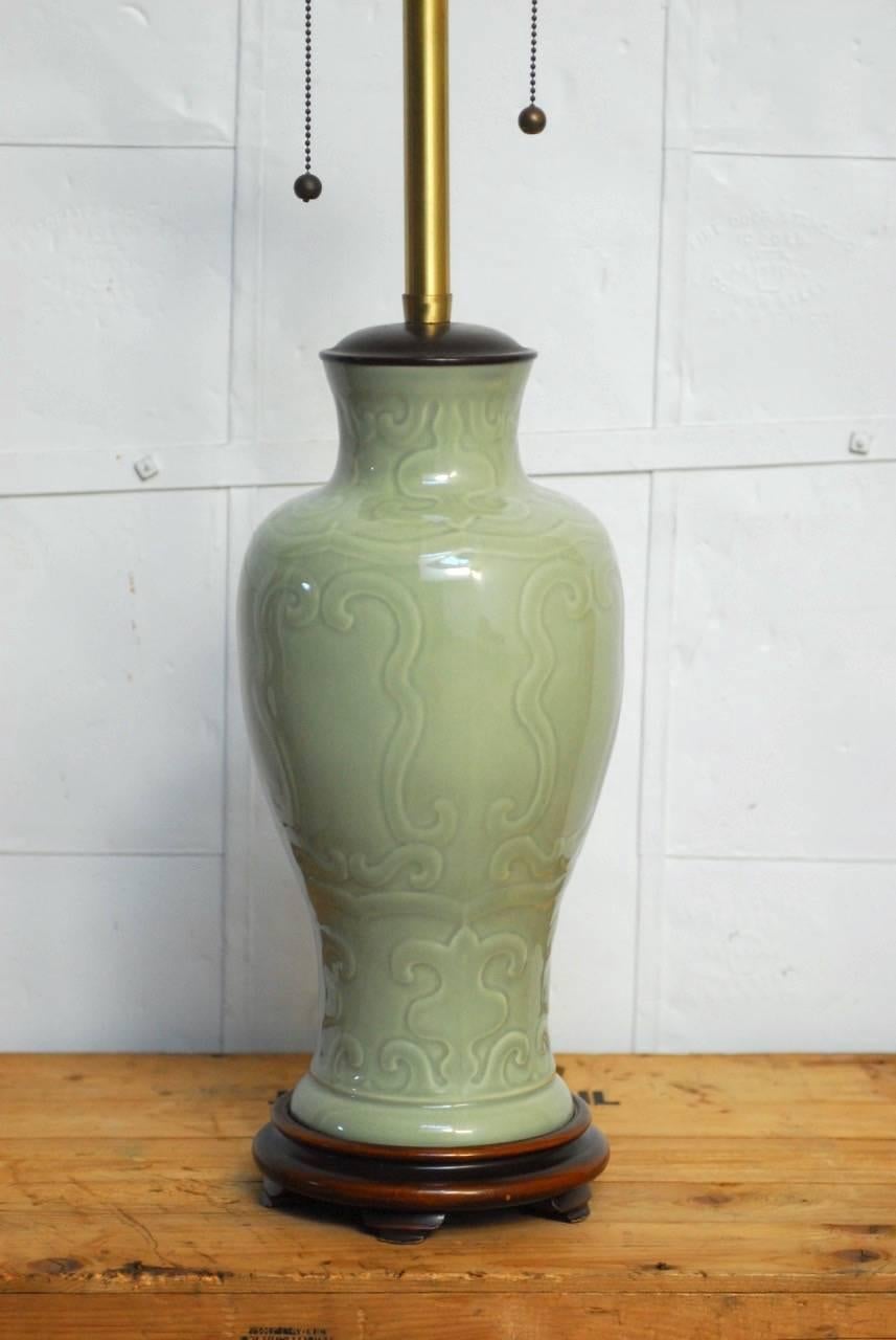 Hollywood Regency Chinese Porcelain Celadon Glazed Vase Table Lamp by Marbro For Sale
