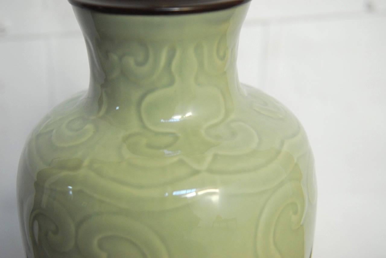 Brass Chinese Porcelain Celadon Glazed Vase Table Lamp by Marbro For Sale
