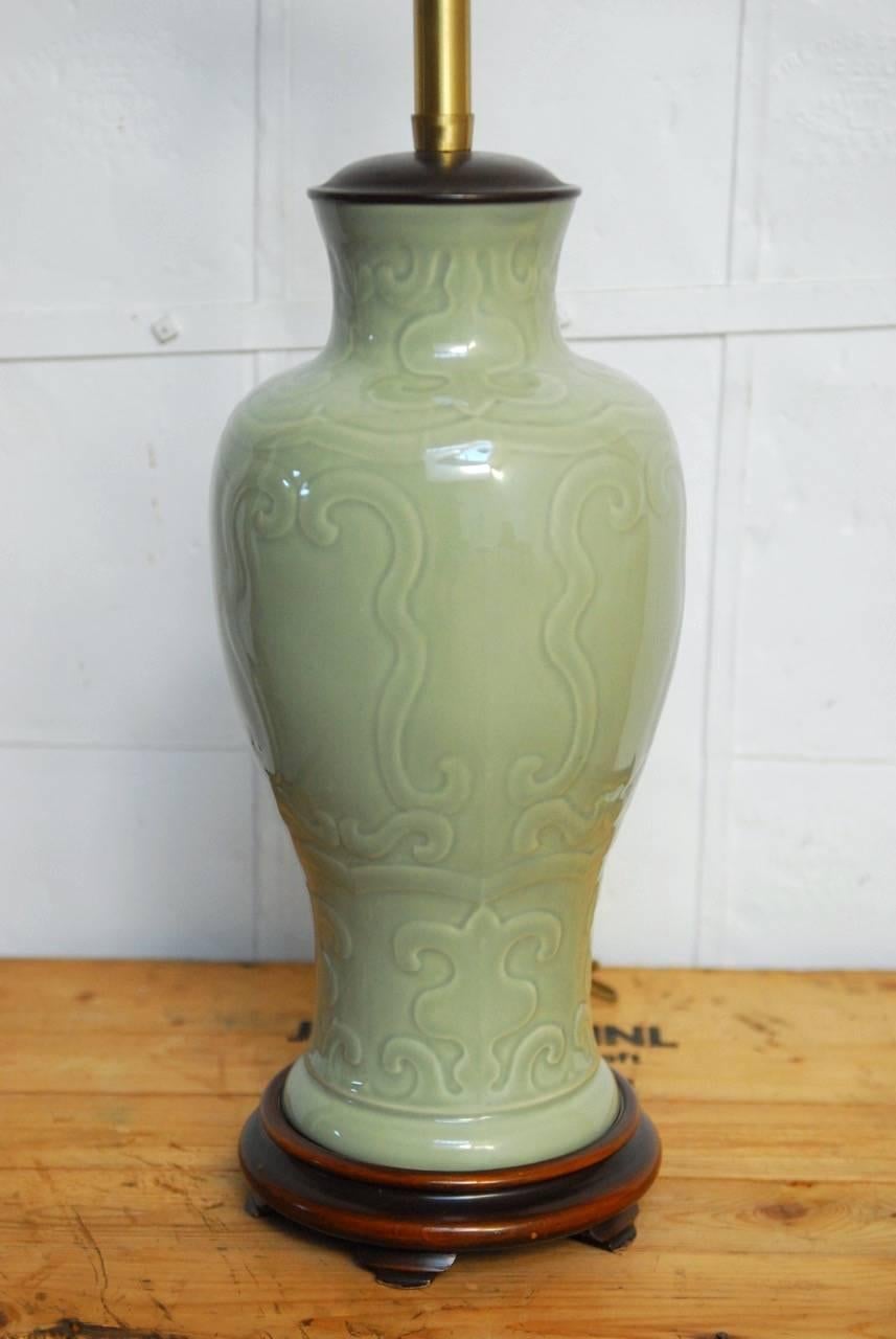 Hollywood Regency Chinese Porcelain Celadon Glazed Vase Table Lamp by Marbro For Sale