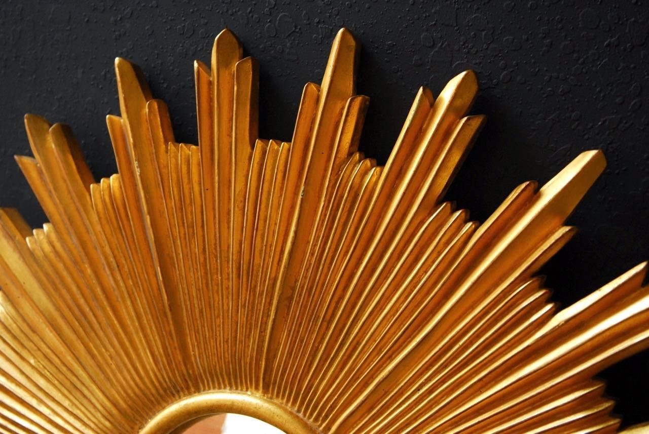 Hollywood Regency Gold Leaf Sunburst Convex Mirror by Carver's Guild