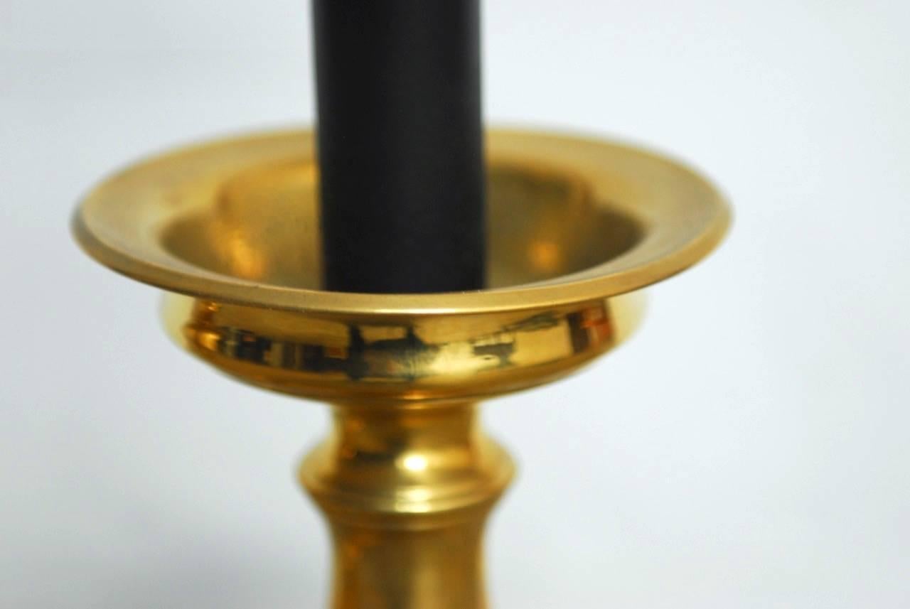 Hollywood Regency Pair of Polished Brass Baluster Form Candlestick Lamps