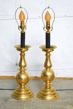 Pair of Polished Brass Baluster Form Candlestick Lamps