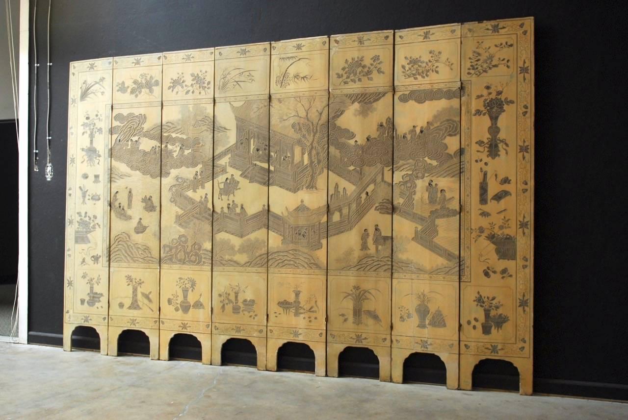Chinese Export Chinese Eight-Panel Monochromatic Ivory Coromandel Screen