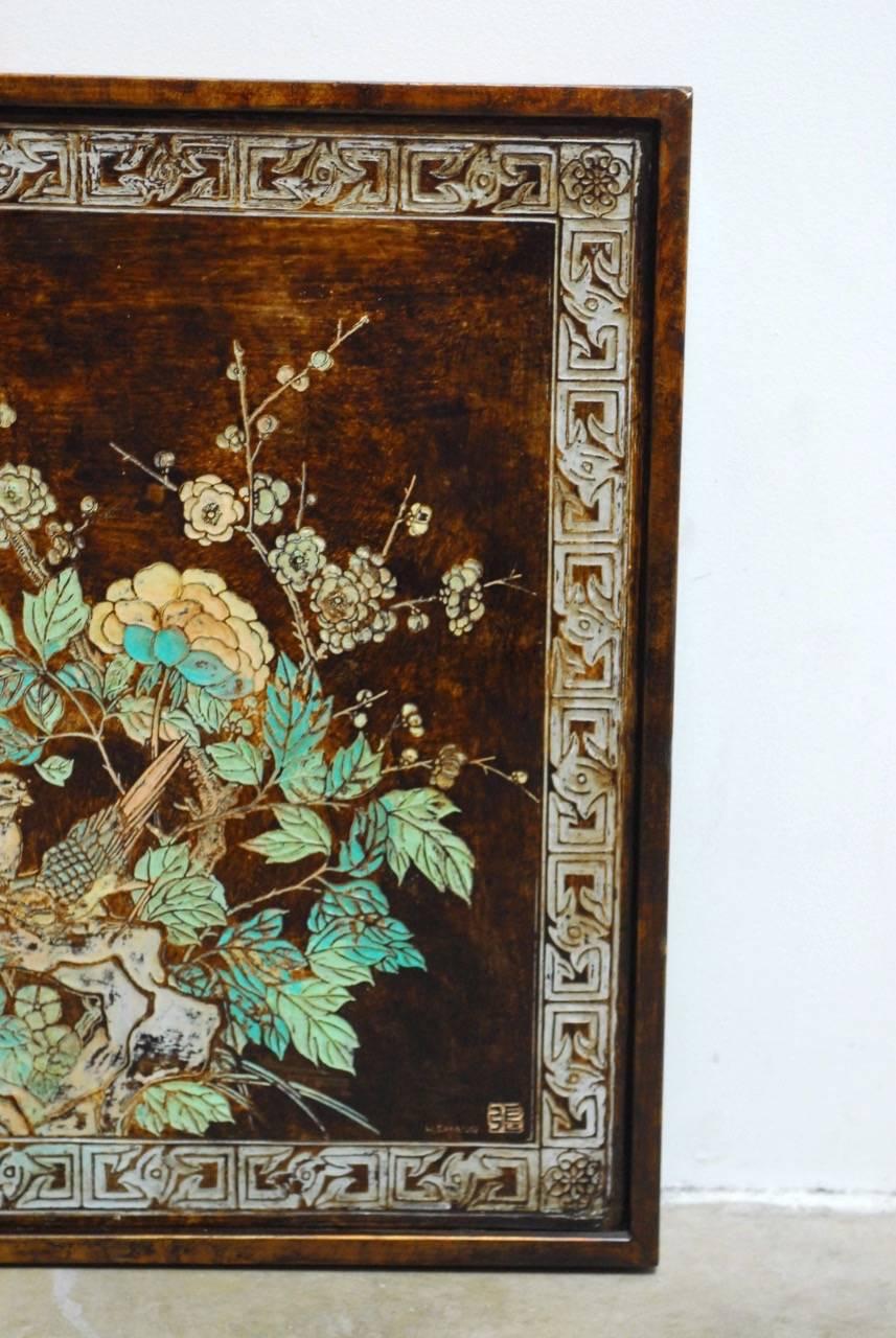 Chinese Floral and Foliate Painted Relief Panel  In Good Condition In Rio Vista, CA