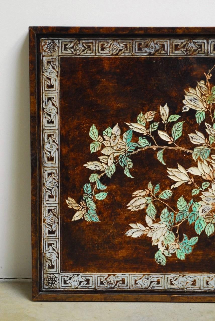 Hand-Carved Chinese Floral and Foliate Painted Relief Panel 