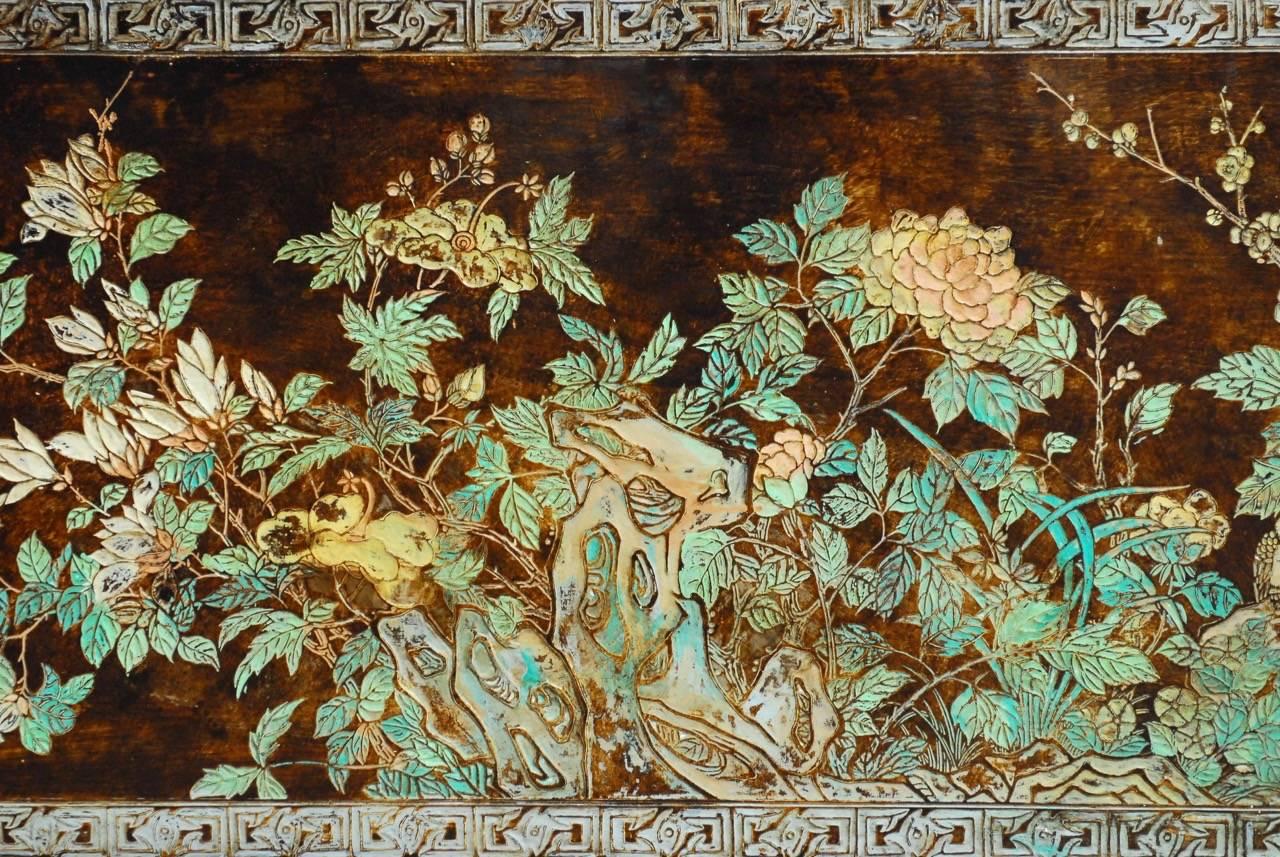 Chinese Export Chinese Floral and Foliate Painted Relief Panel 