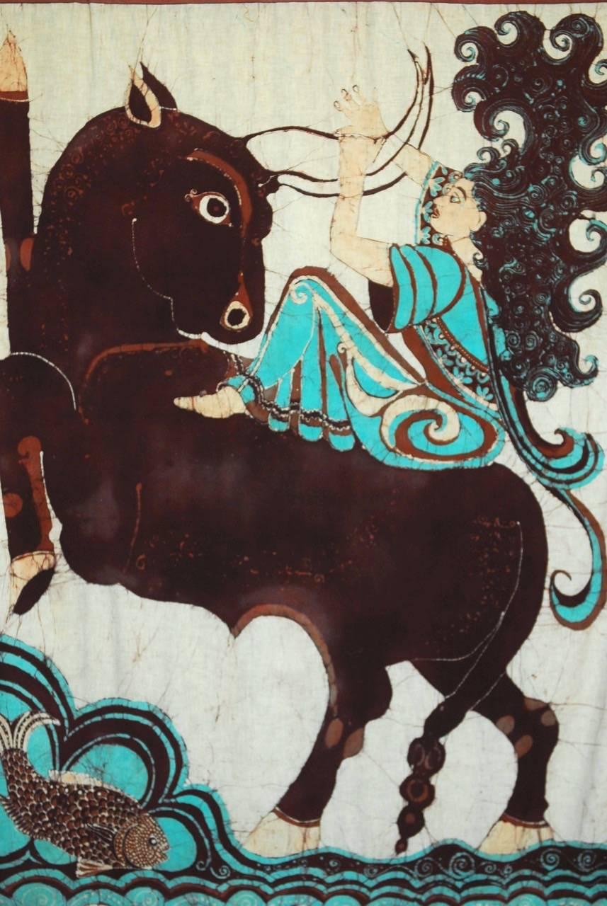 Mid-Century Modern Javanese Style African Batik Painting of Europa and the Bull 