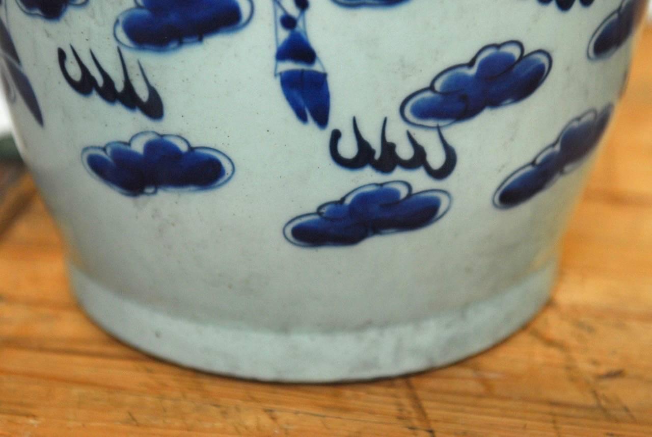 Hand-Painted Pair of Chinese Blue and White Ceramic Dragon Vases 