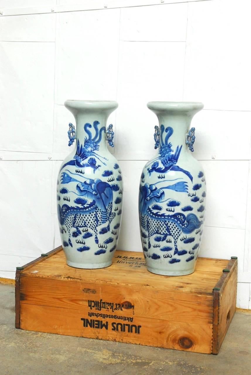 Pair of Chinese Blue and White Ceramic Dragon Vases  2