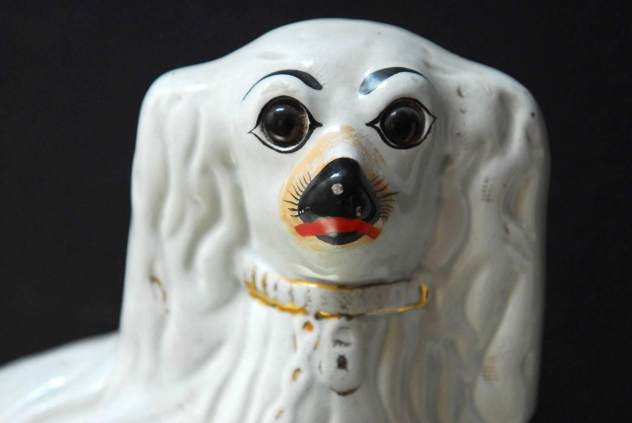 Victorian Pair of English Staffordshire Glazed Ceramic Dogs For Sale