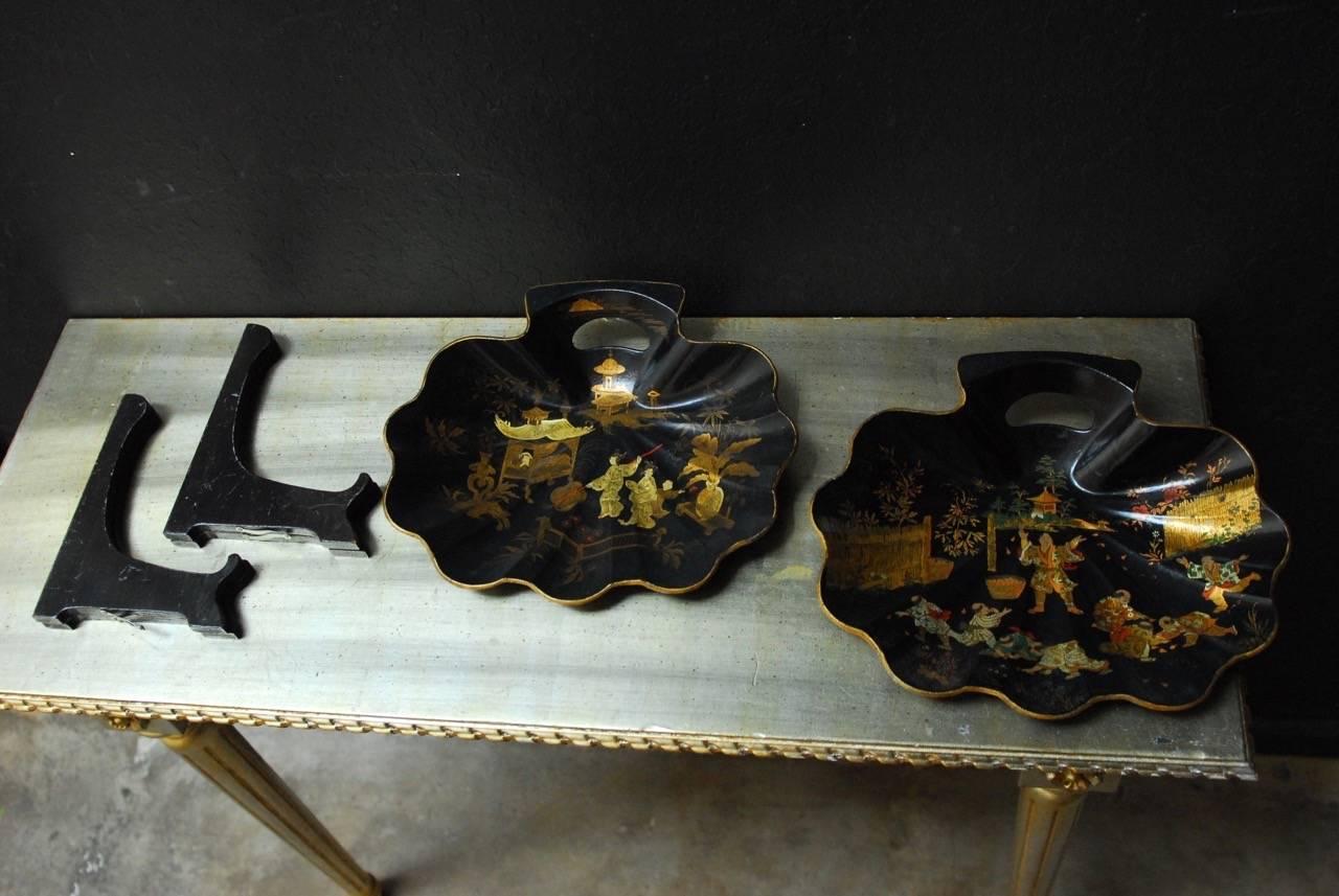 19th Century Pair of English Chinoiserie Japanned Shell Form Crumb Trays