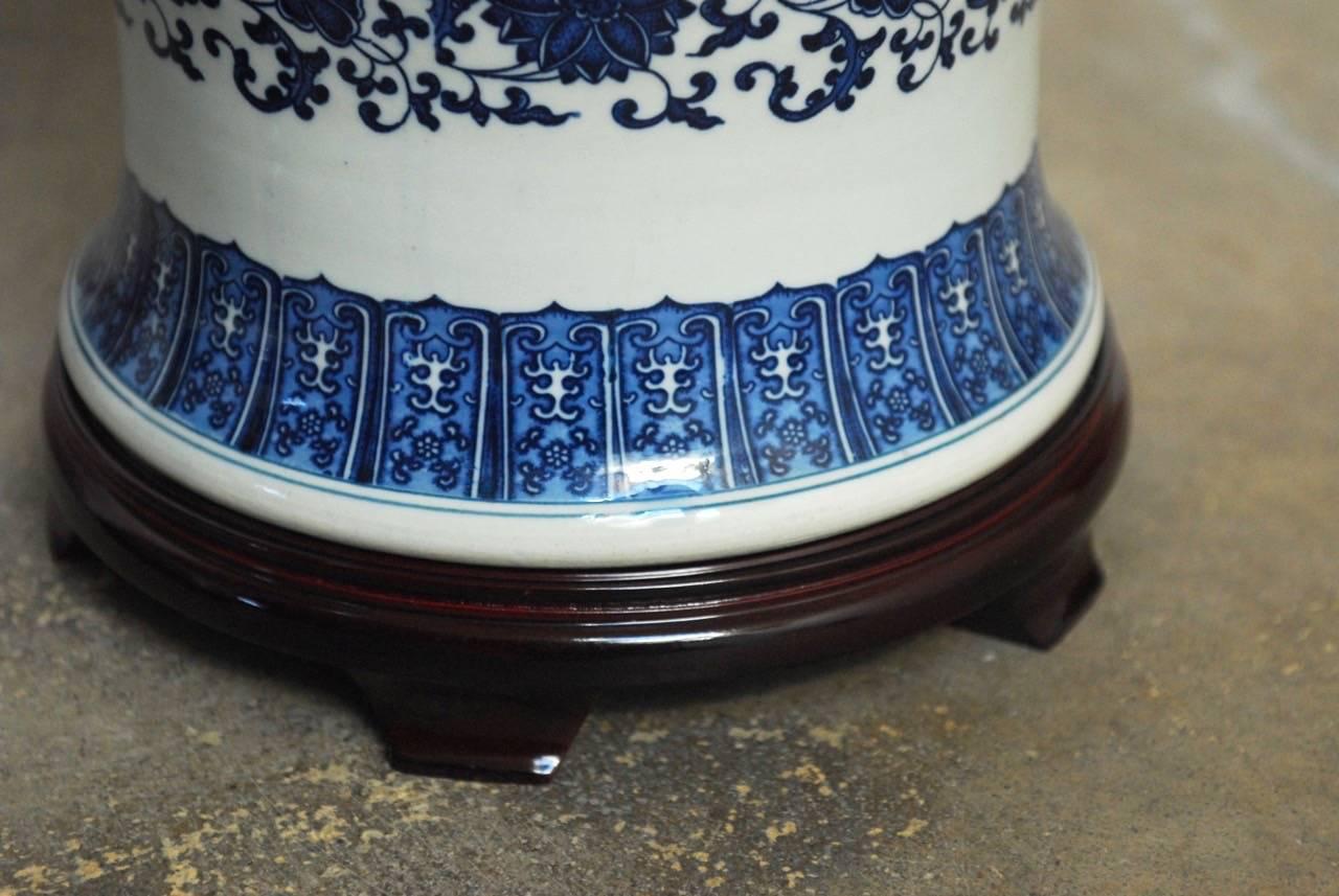 Hand-Carved Pair of Chinese Blue and White Porcelain Temple Ginger Jars