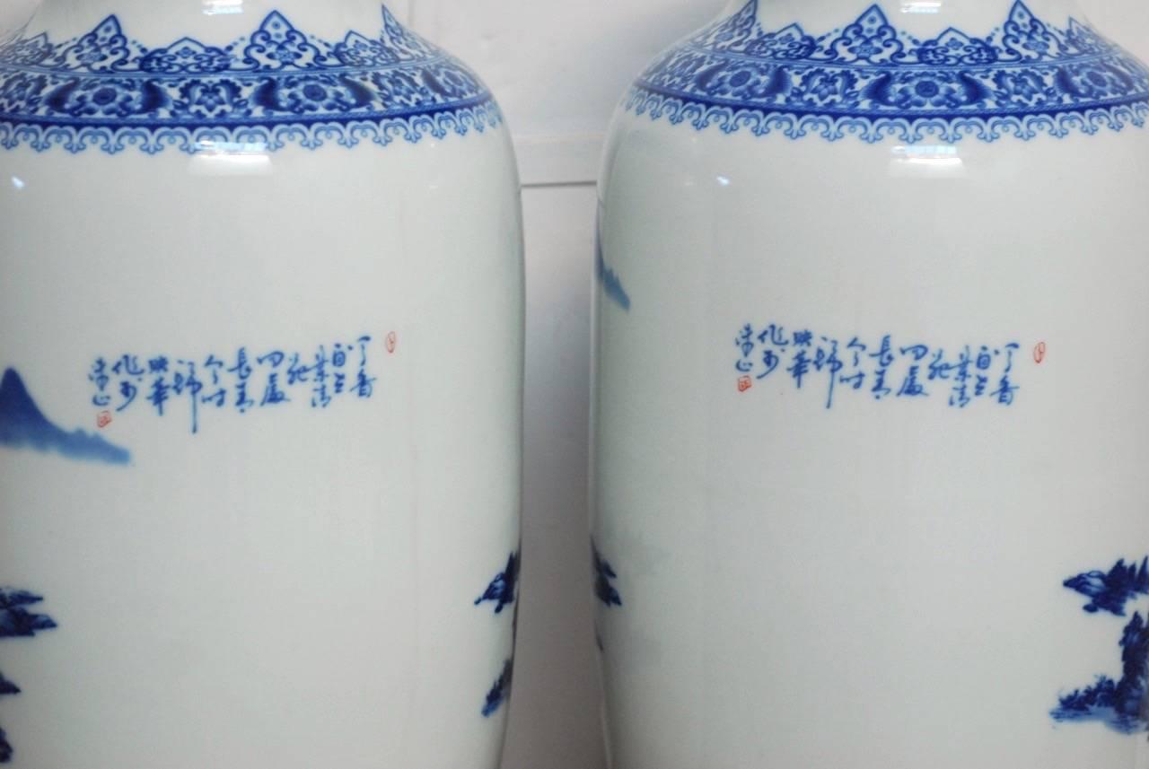 Pair of Large Chinese Export Blue and White Porcelain Vases 4