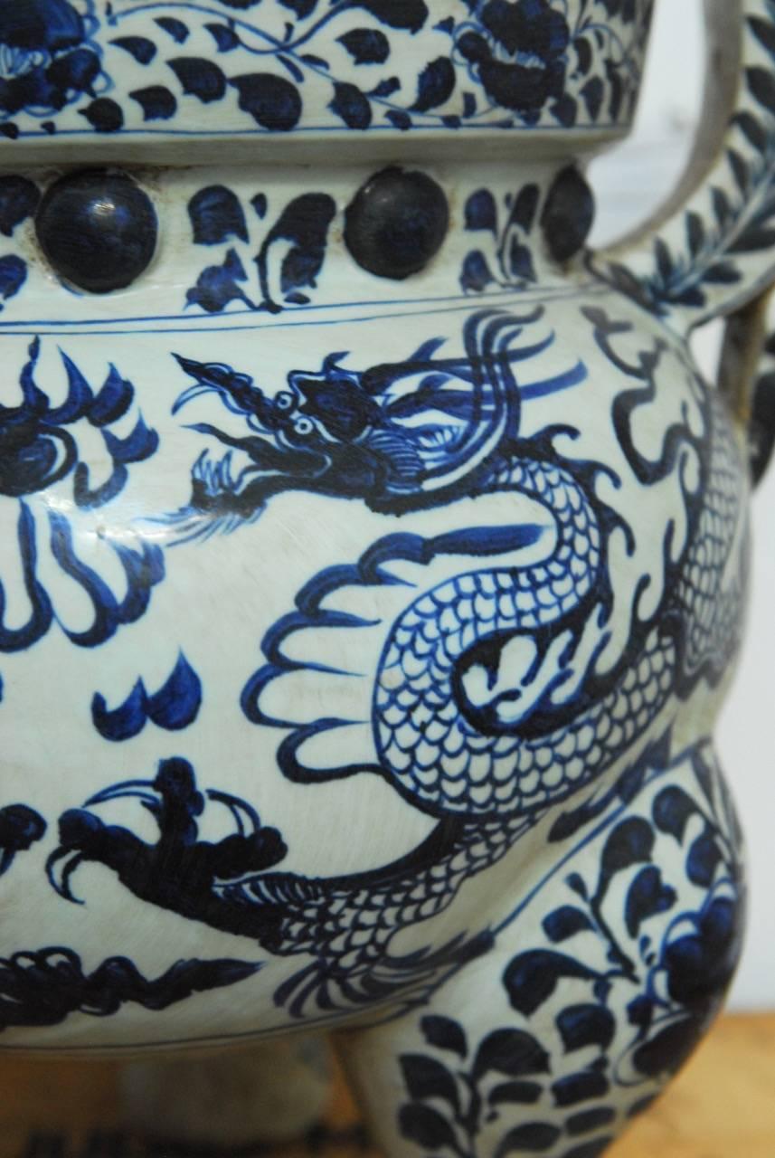 Qing Monumental Chinese Blue and White Dragon Tripod Censer