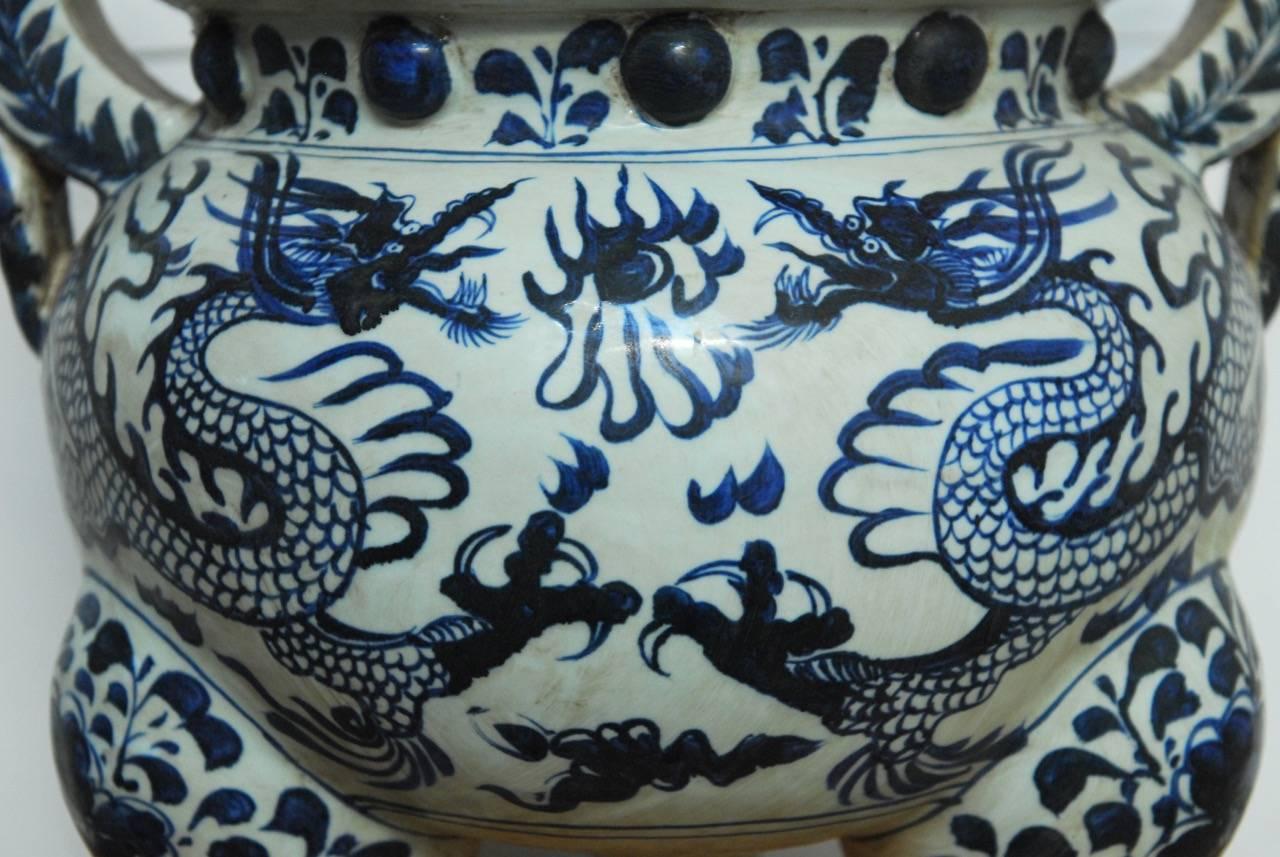 Hand-Painted Monumental Chinese Blue and White Dragon Tripod Censer